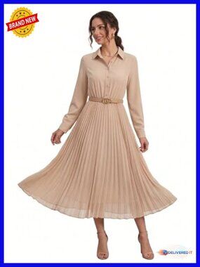 Long Sleeve Pleated Midi Dress with Belt